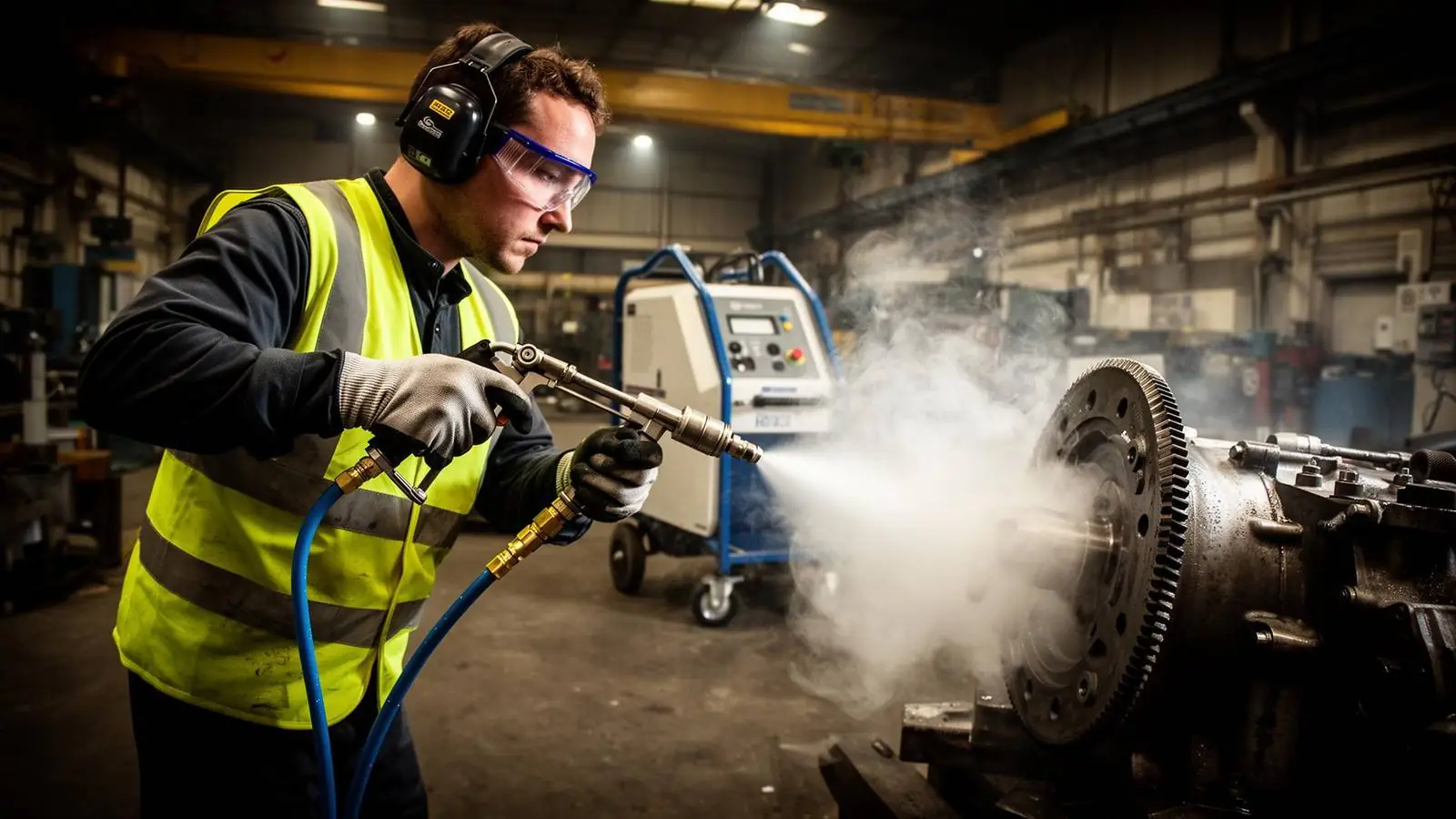 Summit Cryo operator performing mobile dry ice blasting on industrial production equipment — no water, no chemicals, no abrasive media